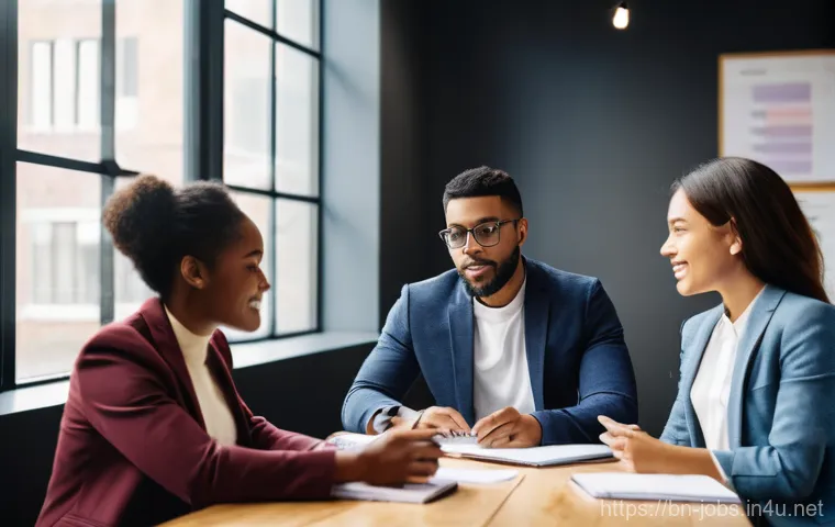 직업상담사와 공공기관 진출 - **Prompt:** A diverse group of young adults, dressed in smart casual attire, engaging in an interact...