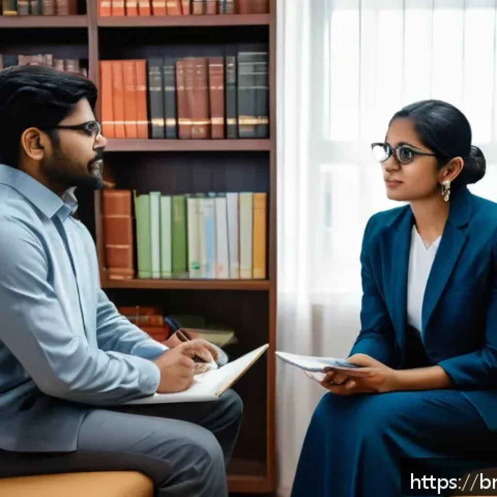 직업상담사 상담 기법 심화 - A professional counseling session scene featuring a Bengali-speaking female counselor attentively li...